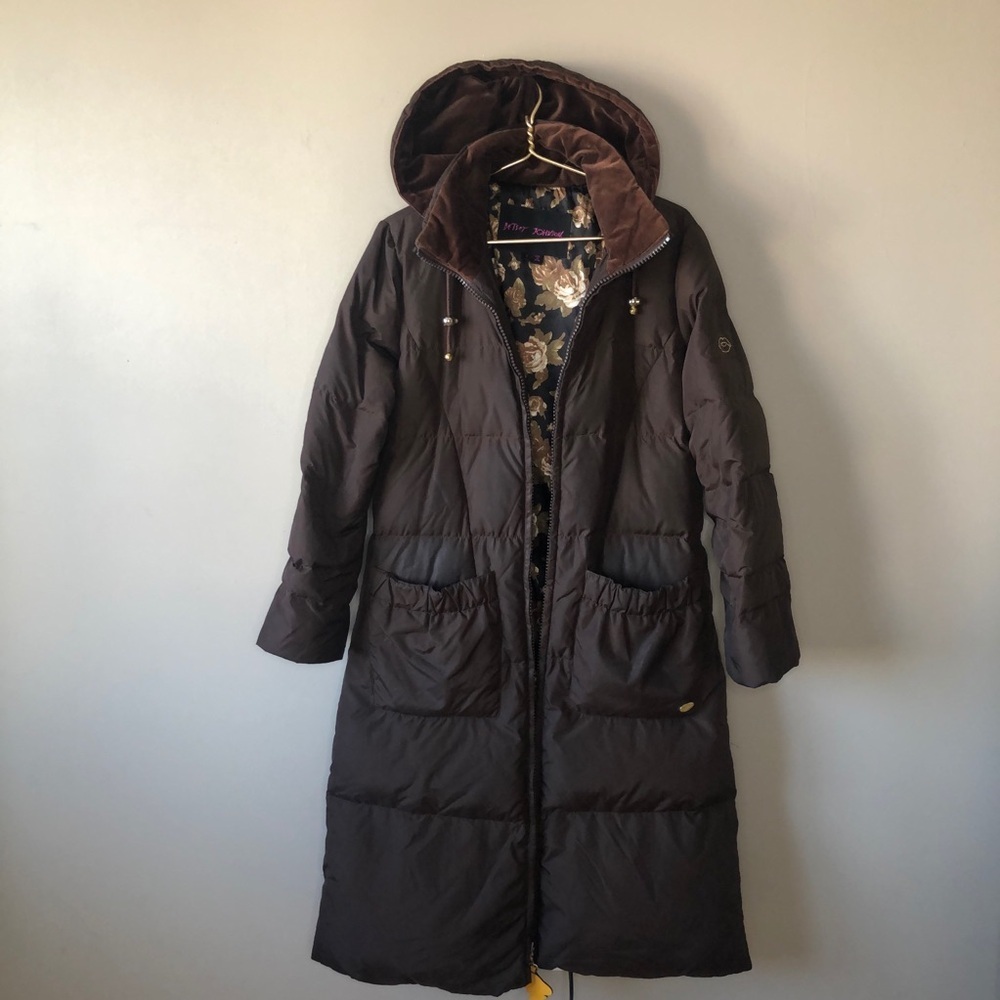 Betsy Johnson Vintage Y2K Brown Down Fill Long Puffer Coat L